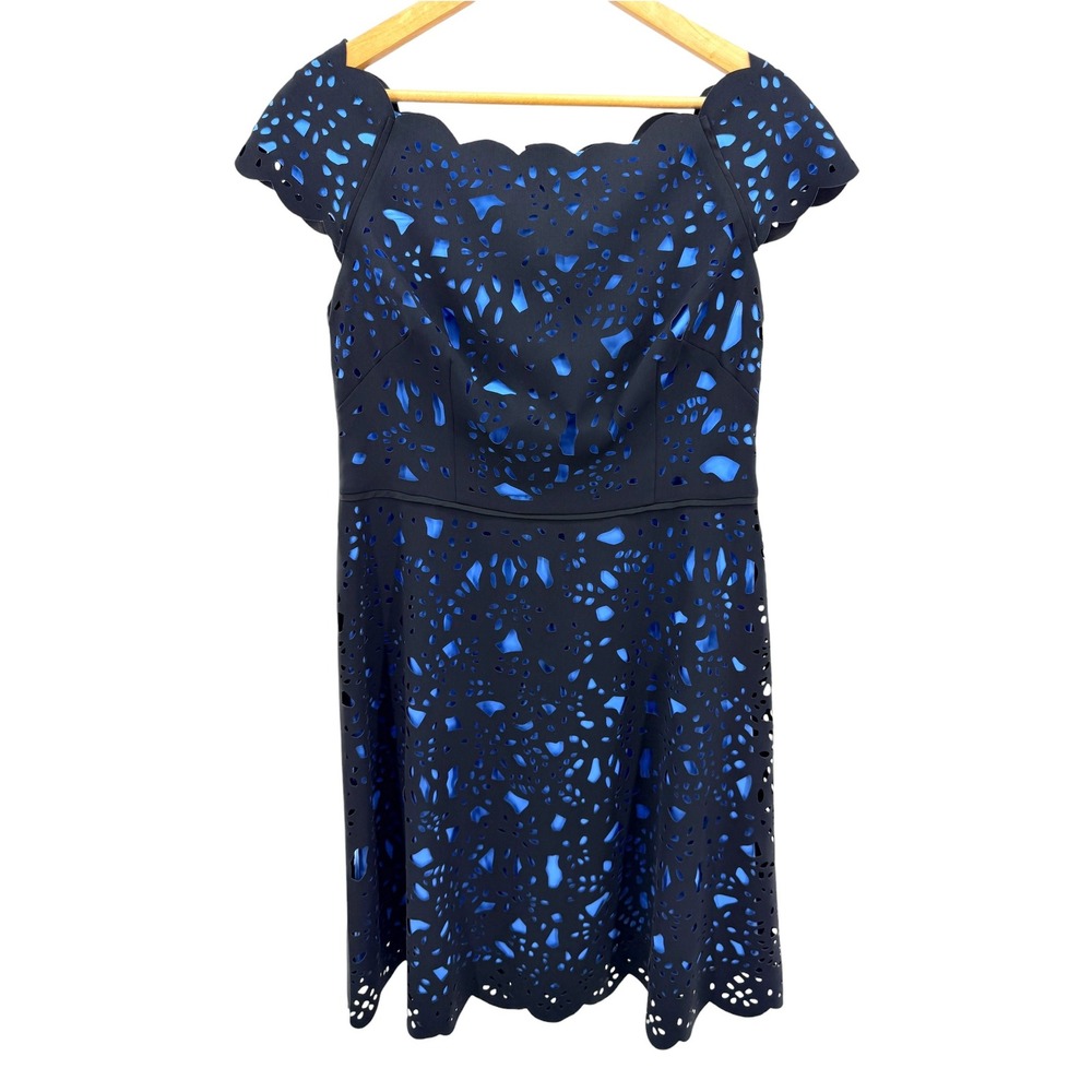 Shani Off The Shoulder‎ Laser Cut Dress Black Blue Floral Scalloped Fit Flare 10